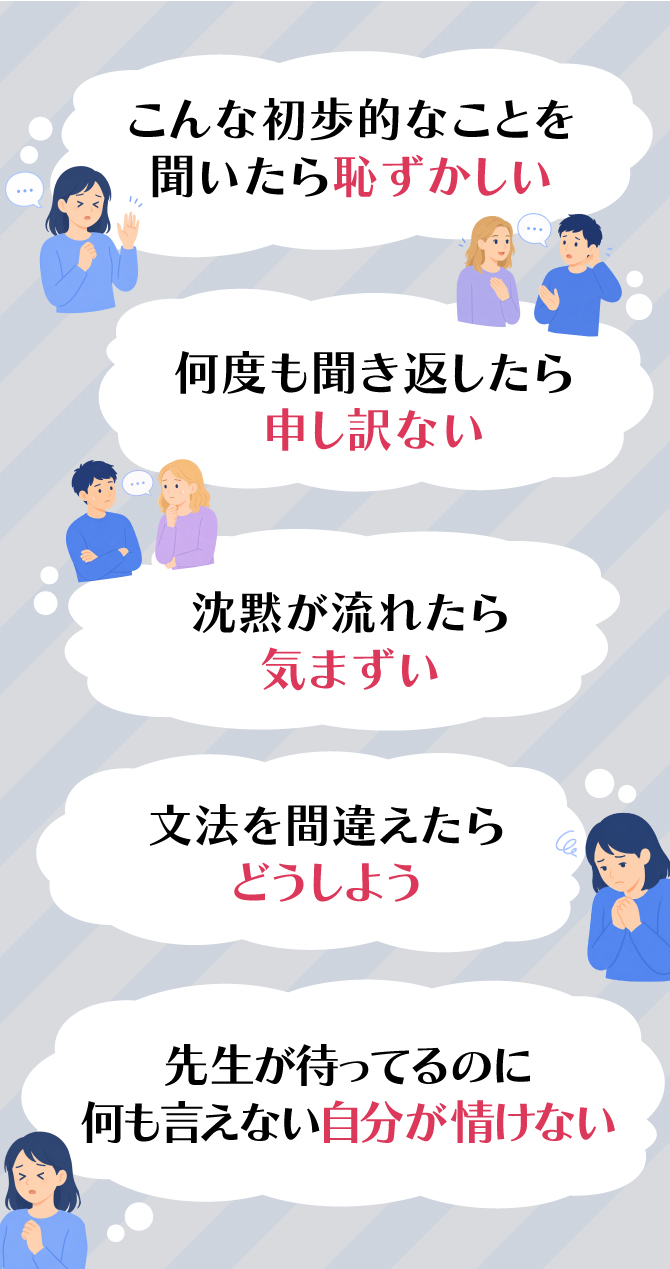 こんな初歩的なことを聞いたら恥ずかしい / 何度も聞き返したら申し訳ない / 沈黙が流れたら気まずい / 間違えたらバカにされるかもしれない